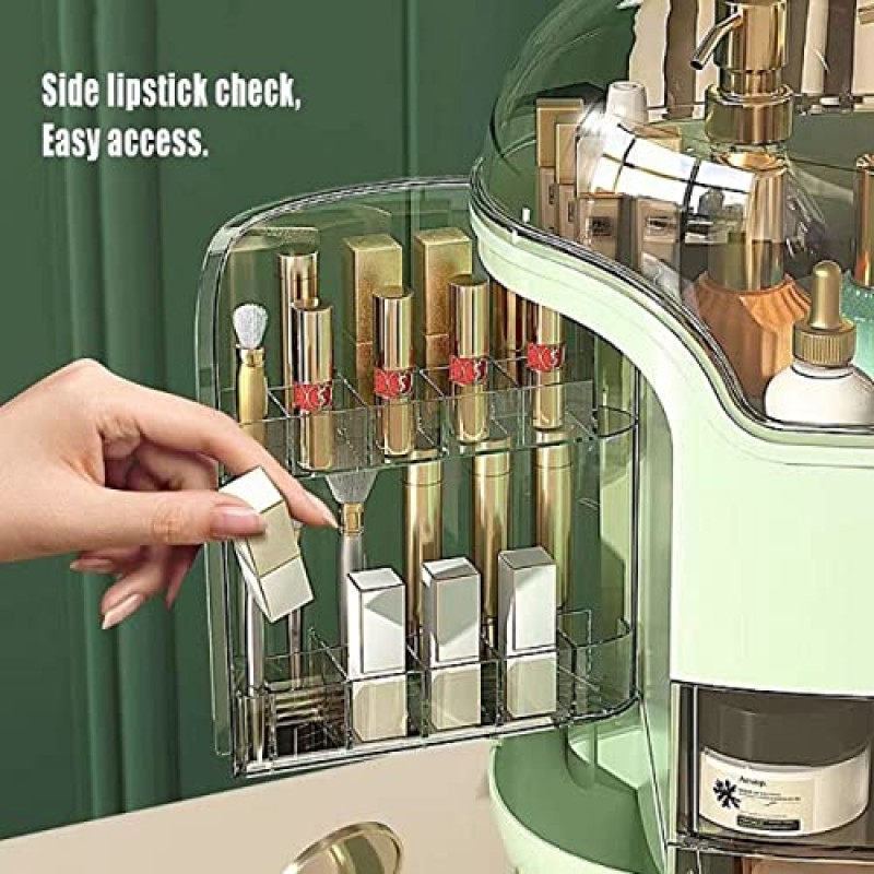 ENFLOKT 다용도 방진 화장품 보관 상자, 화장대용 화장품 메이크업 정리함, 스킨케어 주얼리 립스틱 케이스 정리함, 침실 욕실용 뚜껑 및 서랍이 있는 대형 메이크업 케이스(녹색)