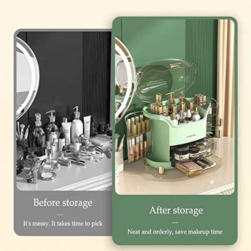 ENFLOKT 다용도 방진 화장품 보관 상자, 화장대용 화장품 메이크업 정리함, 스킨케어 주얼리 립스틱 케이스 정리함, 침실 욕실용 뚜껑 및 서랍이 있는 대형 메이크업 케이스(녹색)
