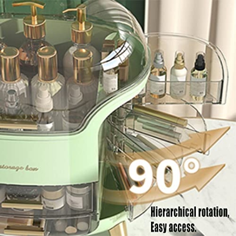 ENFLOKT 다용도 방진 화장품 보관 상자, 화장대용 화장품 메이크업 정리함, 스킨케어 주얼리 립스틱 케이스 정리함, 침실 욕실용 뚜껑 및 서랍이 있는 대형 메이크업 케이스(녹색)