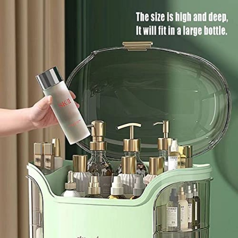 ENFLOKT 다용도 방진 화장품 보관 상자, 화장대용 화장품 메이크업 정리함, 스킨케어 주얼리 립스틱 케이스 정리함, 침실 욕실용 뚜껑 및 서랍이 있는 대형 메이크업 케이스(녹색)