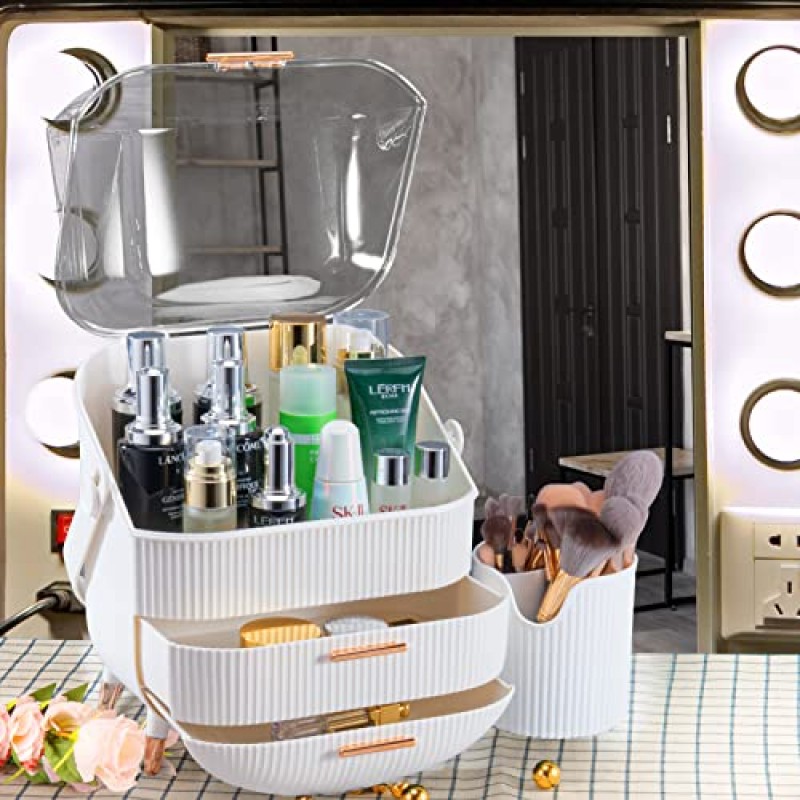 Naorwoy 메이크업 보관 정리함+메이크업 브러쉬 홀더(2 in 1). 투명 커버 화장품 디스플레이 케이스(2단 보관함 및 브러시 보관함 포함), 욕실 수조용 정리함(흰색)