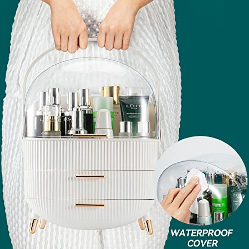 Naorwoy 메이크업 보관 정리함+메이크업 브러쉬 홀더(2 in 1). 투명 커버 화장품 디스플레이 케이스(2단 보관함 및 브러시 보관함 포함), 욕실 수조용 정리함(흰색)