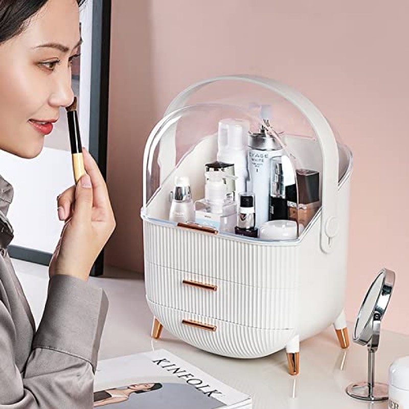 Naorwoy 메이크업 보관 정리함+메이크업 브러쉬 홀더(2 in 1). 투명 커버 화장품 디스플레이 케이스(2단 보관함 및 브러시 보관함 포함), 욕실 수조용 정리함(흰색)