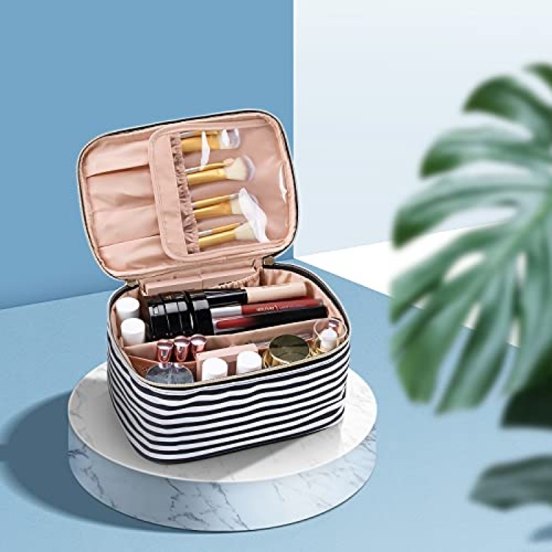 OCHEAL 스트라이프 메이크업 가방, 여행 메이크업 정리 가방, 여성용 대용량 화장품 가방 대형 여행 세면 용품 가방 브러시 슬롯 및 분배기로 여행하는 소녀