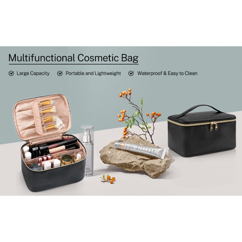 OCHEAL 스트라이프 메이크업 가방, 여행 메이크업 정리 가방, 여성용 대용량 화장품 가방 대형 여행 세면 용품 가방 브러시 슬롯 및 분배기로 여행하는 소녀