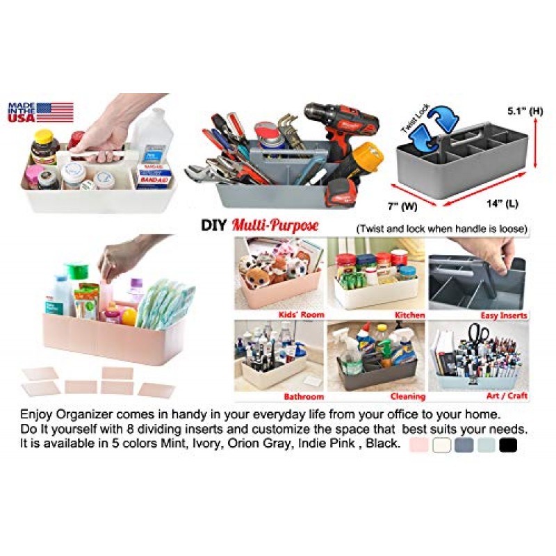 새로운 플라스틱 휴대용 메이크업 정리함 캐디 토트 손잡이가 있는 분할 바구니 상자, 욕실 보관용 - 블러셔 메이크업 브러쉬 보유, 미국산(오리온 그레이)