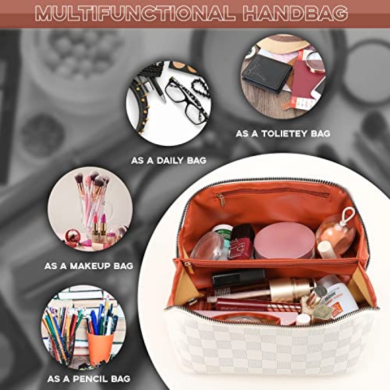 LEICURACE 대용량 메이크업 정리 가방, 여성용 화장품 가방, 메이크업 브러쉬 가방, 여행용 메이크업 가방, 체크 무늬 메이크업 가방, 여행용 최고의 메이크업 가방(흰색)