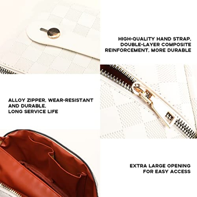 LEICURACE 대용량 메이크업 정리 가방, 여성용 화장품 가방, 메이크업 브러쉬 가방, 여행용 메이크업 가방, 체크 무늬 메이크업 가방, 여행용 최고의 메이크업 가방(흰색)