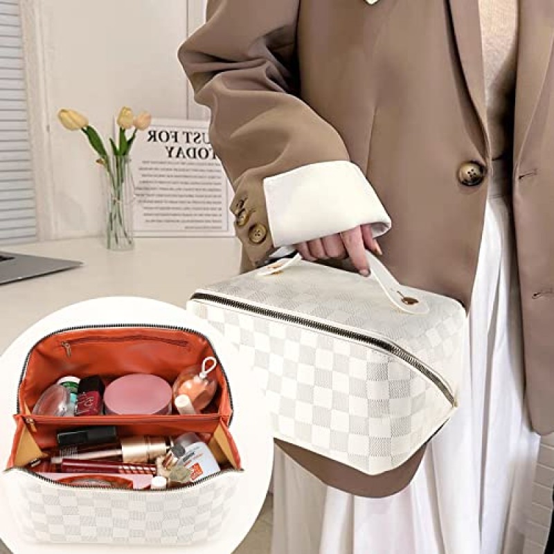 LEICURACE 대용량 메이크업 정리 가방, 여성용 화장품 가방, 메이크업 브러쉬 가방, 여행용 메이크업 가방, 체크 무늬 메이크업 가방, 여행용 최고의 메이크업 가방(흰색)