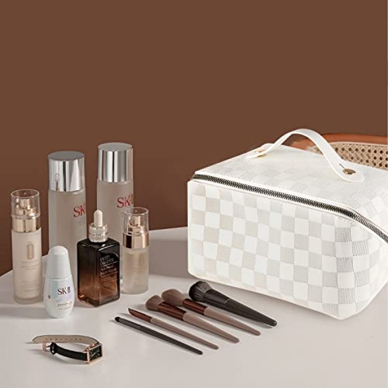 LEICURACE 대용량 메이크업 정리 가방, 여성용 화장품 가방, 메이크업 브러쉬 가방, 여행용 메이크업 가방, 체크 무늬 메이크업 가방, 여행용 최고의 메이크업 가방(흰색)