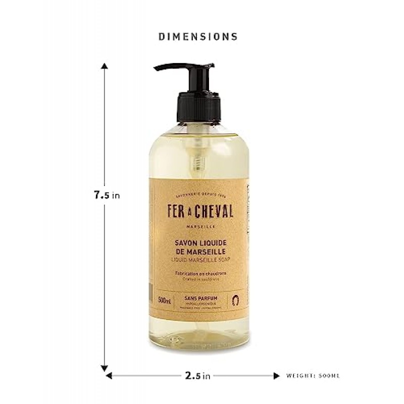 Fer à Cheval 마르세유 액체 비누 무향 무향 저자극성 Savon De Marseille 비누, 고급 프랑스 액체 마르세유 비누, 펌프 디스펜서 16.9oz
