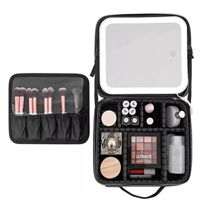 거울과 가벼운 Rejuvv 메이크업 가방 여행 메이크업 기차 케이스 화장품 가방 주최자 조절 가능한 분배기가 있는 휴대용 아티스트 보관 가방 메이크업 브러쉬 보관 주최자 블랙