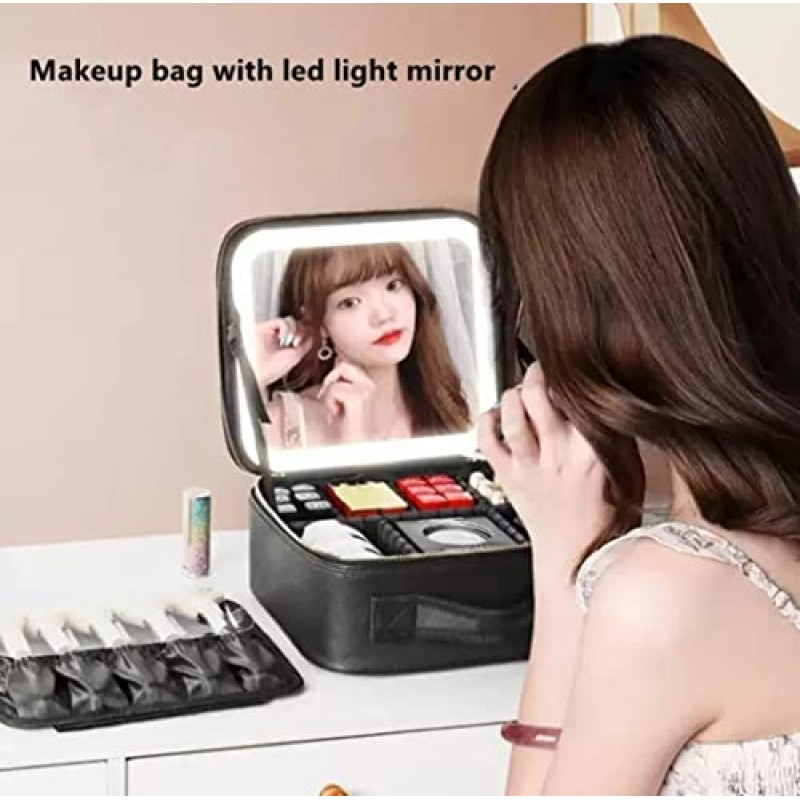 거울과 가벼운 Rejuvv 메이크업 가방 여행 메이크업 기차 케이스 화장품 가방 주최자 조절 가능한 분배기가 있는 휴대용 아티스트 보관 가방 메이크업 브러쉬 보관 주최자 블랙