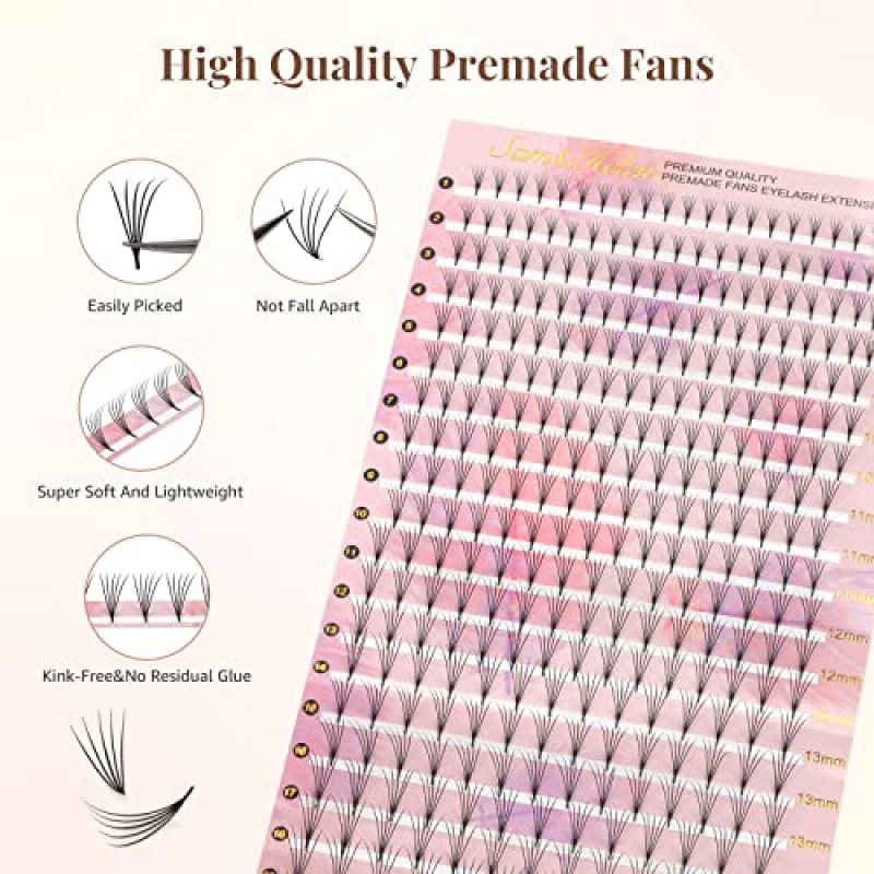 편평한 사전 제작 팬 속눈썹 연장 300+ 짧은 줄기 타원형 팬 3D/5D 0.15mm 두께, C/D 컬, 8-15mm 혼합 길이, 매우 부드럽고 가볍고 편안하며 눈에 부담이 없음 오래 지속됨, Sam&Helen의 XL 트레이(5D 0.15 C8-15mm)