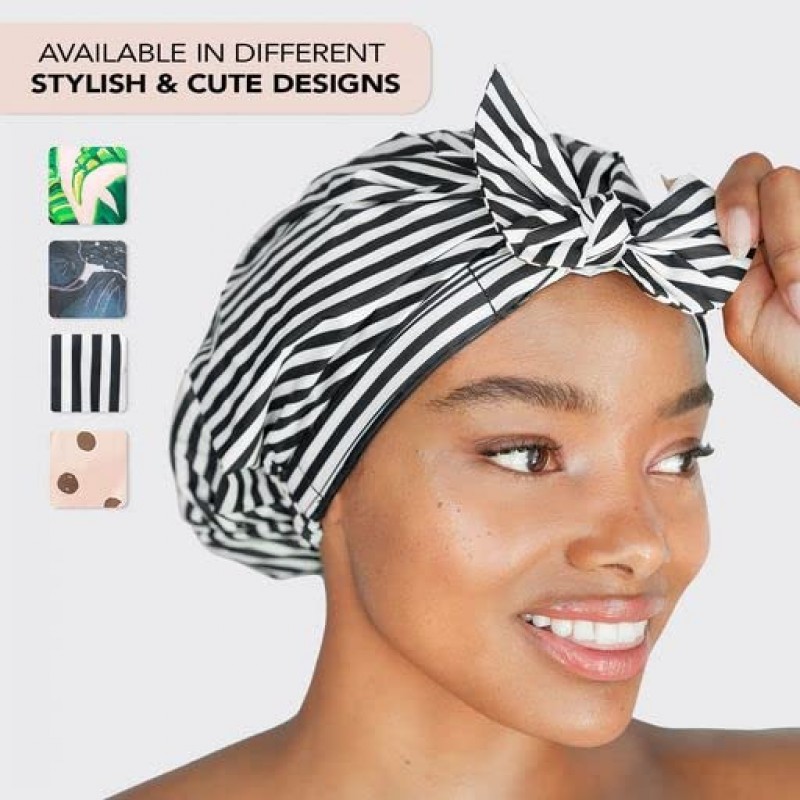 키치 여성용 럭셔리 샤워 캡 - 미끄럼 방지 실리콘 그립이 있는 재사용 가능한 긴 머리용 샤워 캡 | 가장 적합한 크기의 샤워용 방수 헤어캡 | 스타일리시한 샤워용 헤어 커버 (BnW 스트라이프)