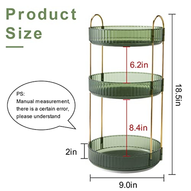 360° 회전 메이크업 정리함, 욕실 메이크업 회전목마 회전 홀더 랙, 대용량 화장품 보관 세면대 선반 조리대, 화장품, 향수, 스킨 케어, 립스틱에 적합(3단, 녹색)