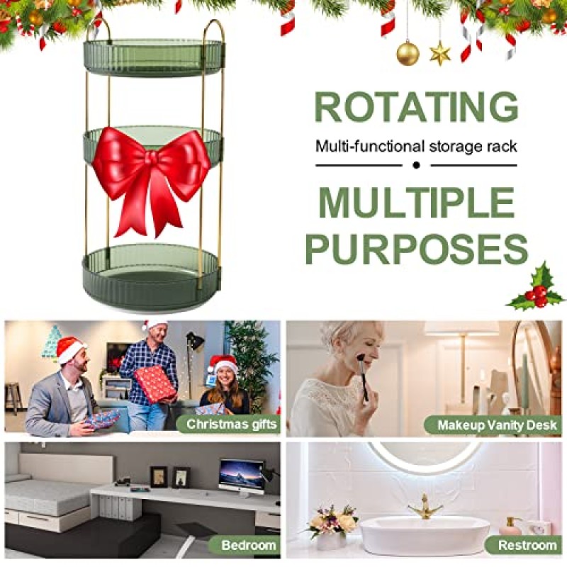 360° 회전 메이크업 정리함, 욕실 메이크업 회전목마 회전 홀더 랙, 대용량 화장품 보관 세면대 선반 조리대, 화장품, 향수, 스킨 케어, 립스틱에 적합(3단, 녹색)