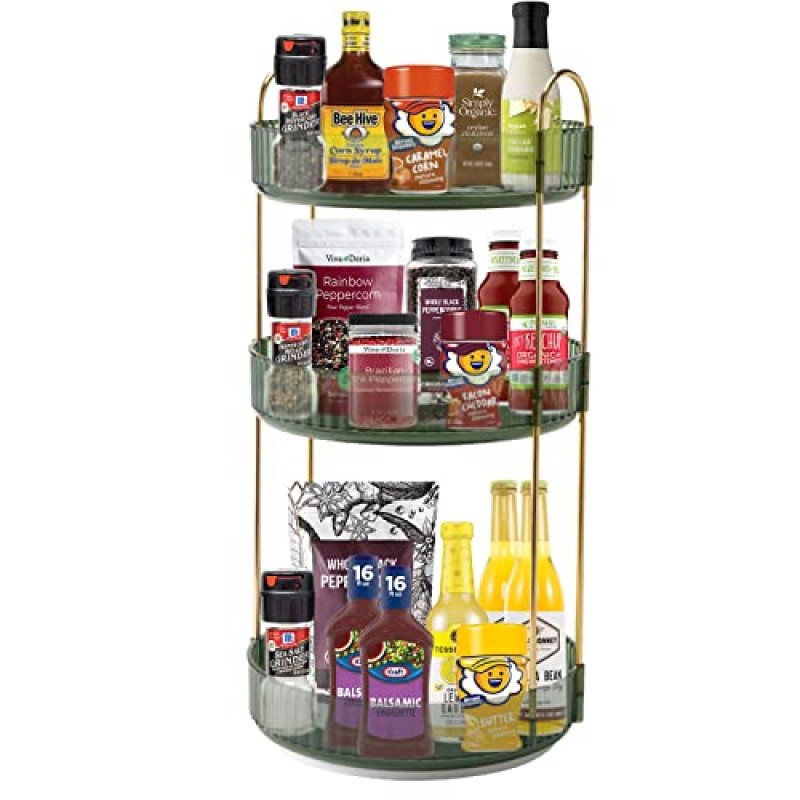 360° 회전 메이크업 정리함, 욕실 메이크업 회전목마 회전 홀더 랙, 대용량 화장품 보관 세면대 선반 조리대, 화장품, 향수, 스킨 케어, 립스틱에 적합(3단, 녹색)