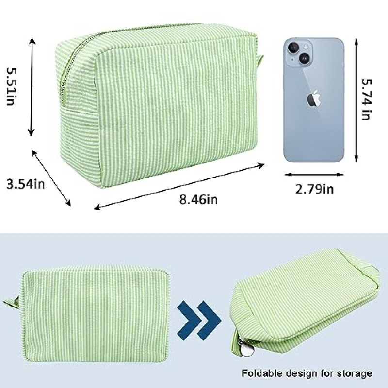 여성용 GFU 화장품 가방, 시어서커 ​​화장품 가방, 여행 세면용품 스트라이프 메이크업 가방, 대형 여성용 미적 정리함 보관 주머니, 소녀 핸드백 지갑, 녹색