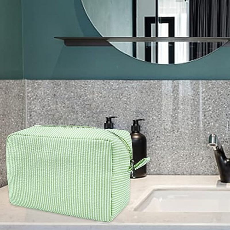 여성용 GFU 화장품 가방, 시어서커 ​​화장품 가방, 여행 세면용품 스트라이프 메이크업 가방, 대형 여성용 미적 정리함 보관 주머니, 소녀 핸드백 지갑, 녹색