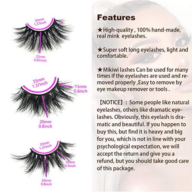 Mikiwi 리얼 밍크 속눈썹, 3D 밍크 속눈썹, 5D 밍크 속눈썹, 푹신한 긴 밍크 속눈썹, 드라마틱 속눈썹, 럭셔리 메이크업, 발렌타인 데이 선물 속눈썹(3쌍-a)