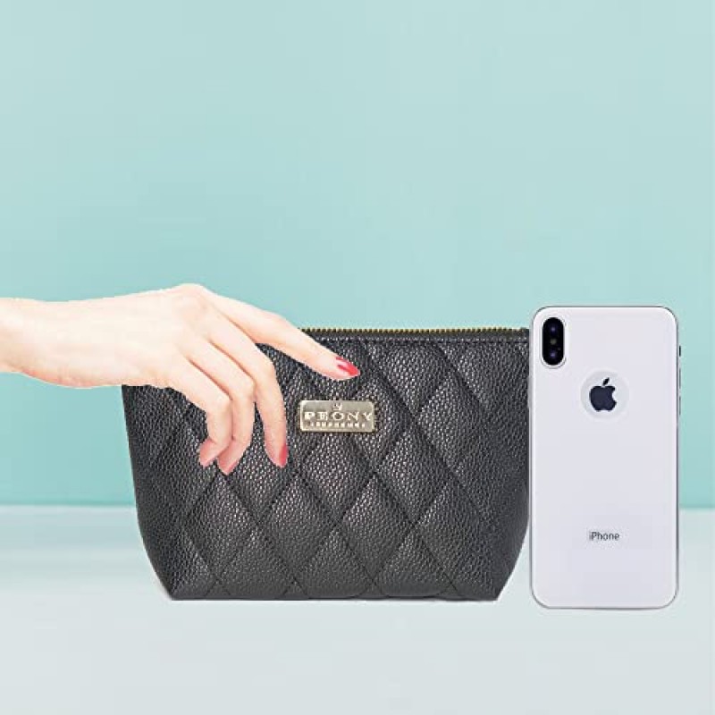 PEONY SUPREME 럭셔리 고급 스타일리쉬 퀼트 PU 가죽 메이크업 가방 여행용 화장품 주머니 휴대용 세면용품 클러치 방수 일상 화장품 정리함 보관함 블랙