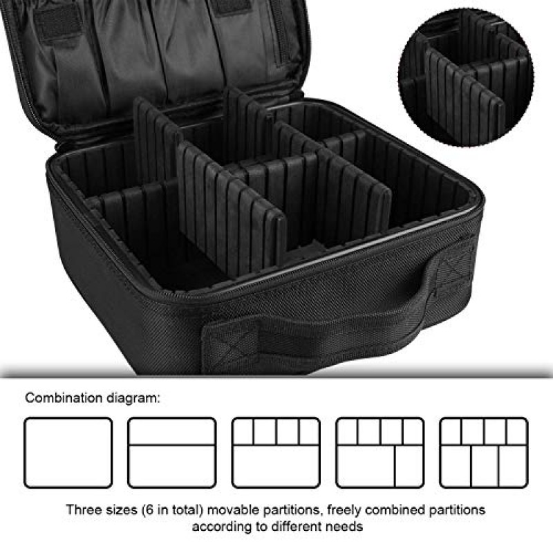 Bvser 여행용 메이크업 케이스, 화장품 기차 케이스 정리함 화장품 메이크업 브러쉬용 조절 가능한 칸막이가 있는 휴대용 아티스트 보관 메이크업 가방 세면도구 쥬얼리 디지털 액세서리 - 블랙