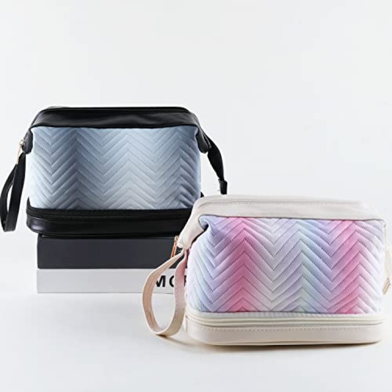 ZiYoYooPK 더블 레이어 메이크업 가방,여행용 메이크업 가방,대용량 여행용 화장품 가방,휴대용 가죽 메이크업 가방,럭셔리 메이크업 가방,여성 및 소녀용 화장품 가방,블랙