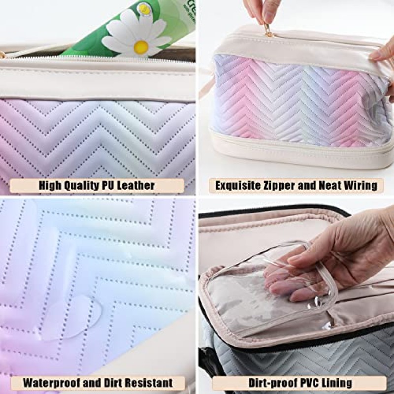 ZiYoYooPK 더블 레이어 메이크업 가방,여행용 메이크업 가방,대용량 여행용 화장품 가방,휴대용 가죽 메이크업 가방,럭셔리 메이크업 가방,여성 및 소녀용 화장품 가방,블랙