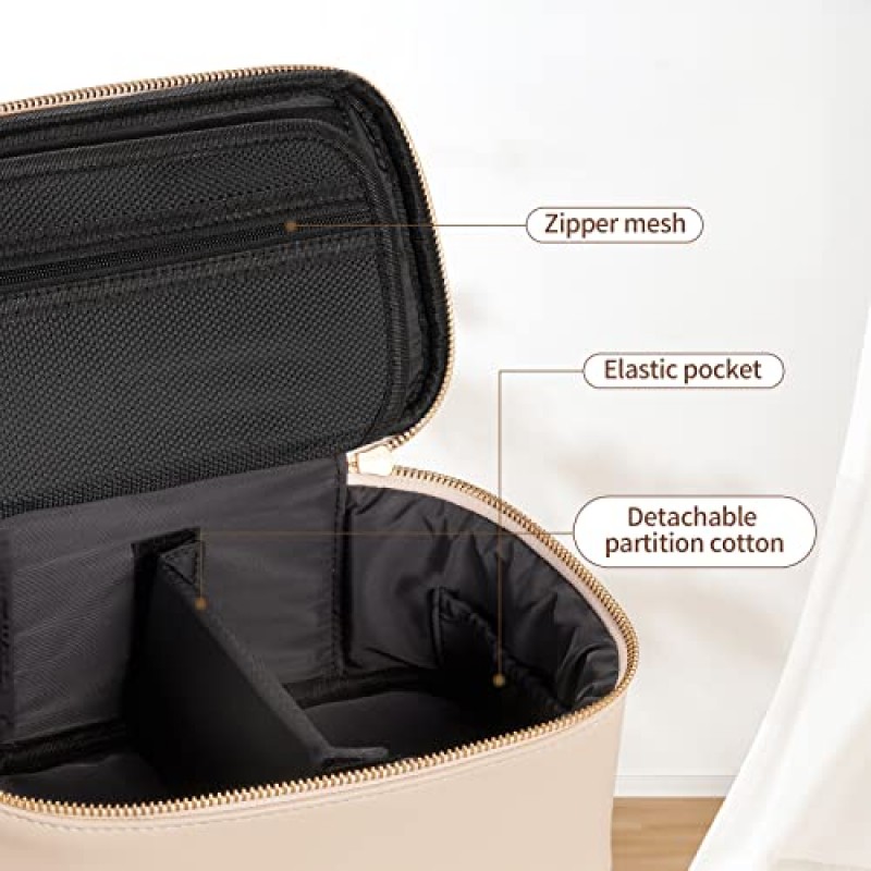 BEGIN MAGIC 거울이 있는 여행용 메이크업 가방, 휴대용 화장품 가방 방수, 여행 정리 가방 케이스 수납 메이크업 브러쉬, 여성용 선물(오프 화이트)