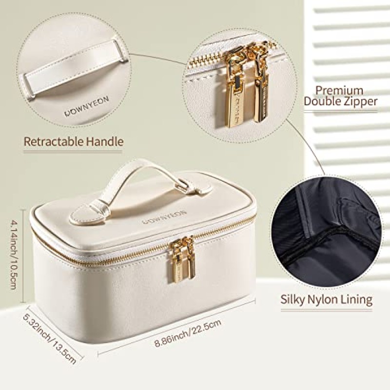 BEGIN MAGIC 거울이 있는 여행용 메이크업 가방, 휴대용 화장품 가방 방수, 여행 정리 가방 케이스 수납 메이크업 브러쉬, 여성용 선물(오프 화이트)
