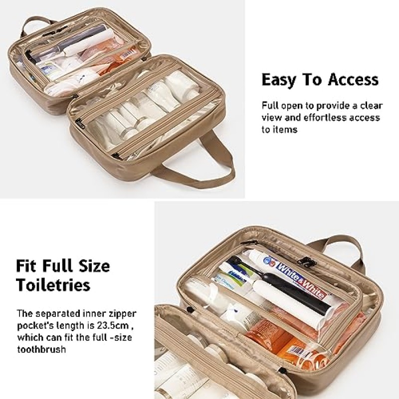 ECOHUB 여행용 세면도구 가방 간편한 클린 메이크업 정리함 시스루 걸이형 화장품 가방 여행용 액세서리 여성용 남성용 샴푸, 칫솔 가방(브라운)