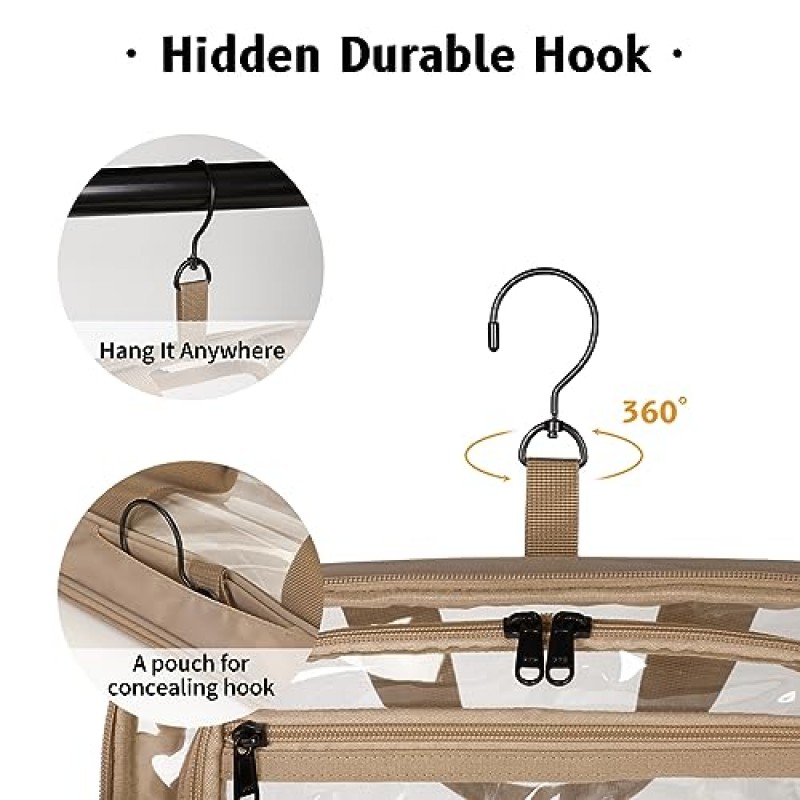 ECOHUB 여행용 세면도구 가방 간편한 클린 메이크업 정리함 시스루 걸이형 화장품 가방 여행용 액세서리 여성용 남성용 샴푸, 칫솔 가방(브라운)