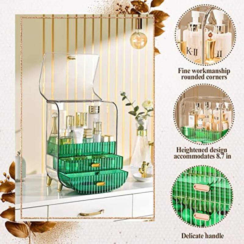 메이크업 정리함, 화장대 스킨케어 정리함을 위한 대형 아크릴 메이크업 정리함 화장품 진열함 수조 욕실 드레싱 테이블 침실을 위한 정리함 및 보관함 구성 (색상 : 녹색, 크기)