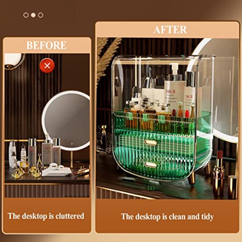 메이크업 정리함, 화장대 스킨케어 정리함을 위한 대형 아크릴 메이크업 정리함 화장품 진열함 수조 욕실 드레싱 테이블 침실을 위한 정리함 및 보관함 구성 (색상 : 녹색, 크기)