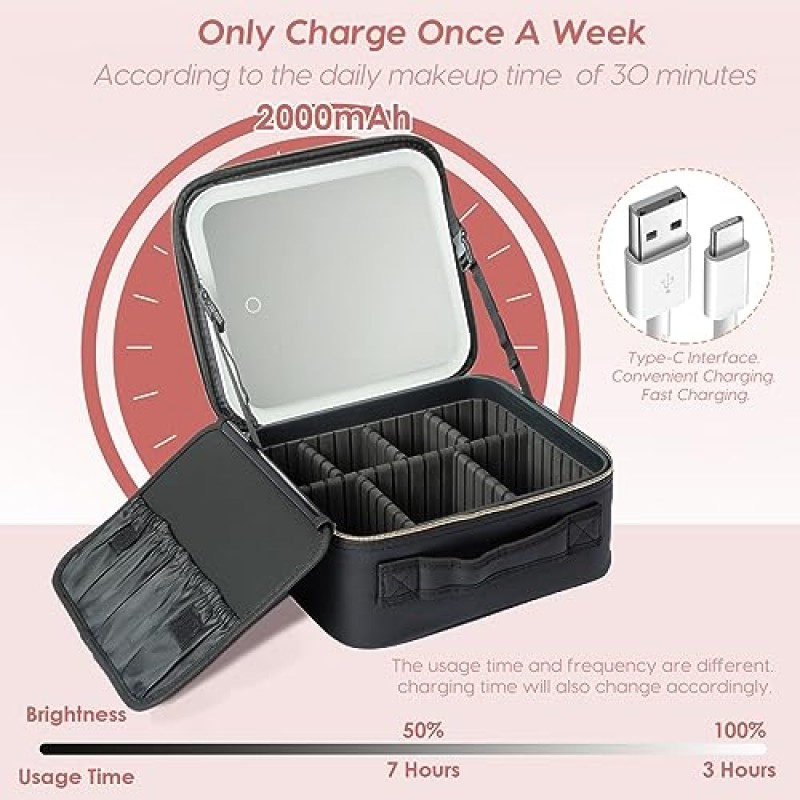 ZhenGuiRu 메이크업 기차 가방 3가지 색상 시나리오 조정 조명 LED 거울, 휴대용 방수 흰색 메이크업 여행 케이스 주최자, 조정 가능한 분배기, 화장품 보관 케이스 여성용 선물