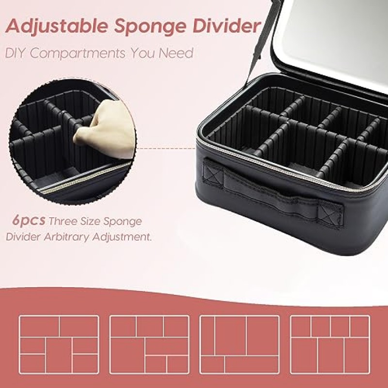 ZhenGuiRu 메이크업 기차 가방 3가지 색상 시나리오 조정 조명 LED 거울, 휴대용 방수 흰색 메이크업 여행 케이스 주최자, 조정 가능한 분배기, 화장품 보관 케이스 여성용 선물