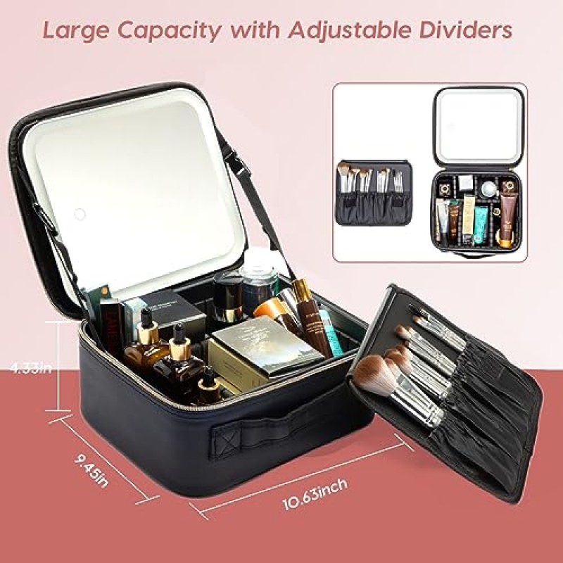 ZhenGuiRu 메이크업 기차 가방 3가지 색상 시나리오 조정 조명 LED 거울, 휴대용 방수 흰색 메이크업 여행 케이스 주최자, 조정 가능한 분배기, 화장품 보관 케이스 여성용 선물