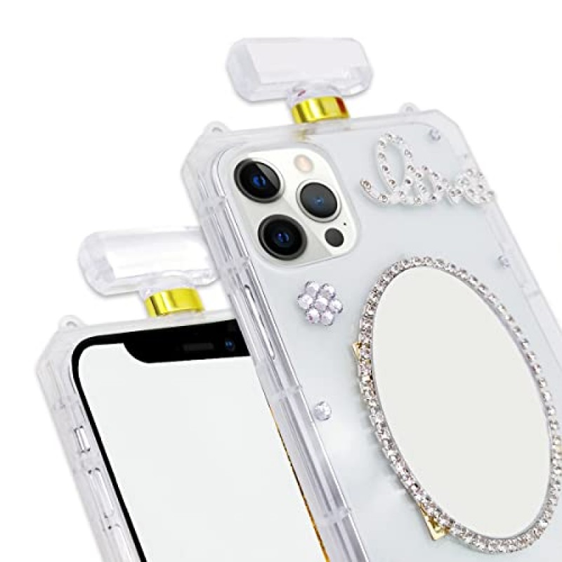 TINTON iPhone 13 Pro Max 향수병 케이스와 호환 여성용 럭셔리 블링 메이크업 거울 소녀, 우아한 다이아몬드 크리스탈 라인 석 크라운 사랑 보석 꽃 크로스 바디 스트랩 케이스 클리어