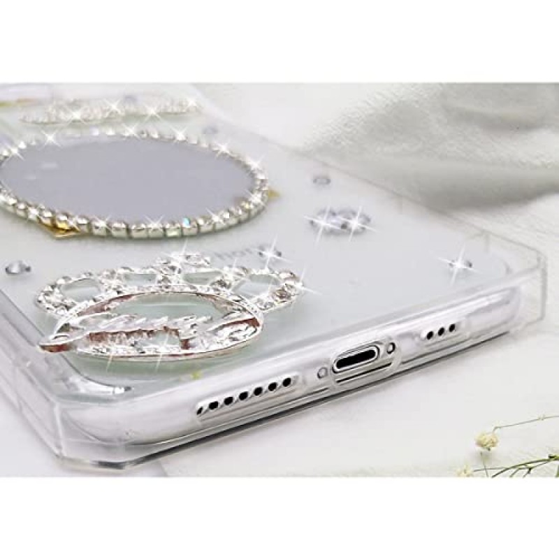 TINTON iPhone 13 Pro Max 향수병 케이스와 호환 여성용 럭셔리 블링 메이크업 거울 소녀, 우아한 다이아몬드 크리스탈 라인 석 크라운 사랑 보석 꽃 크로스 바디 스트랩 케이스 클리어