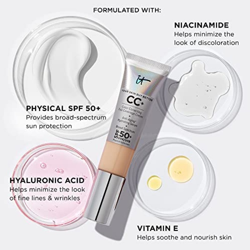 IT Cosmetics Your Skin But Better CC+ 크림 여행용 사이즈, 미디엄 - 컬러 코렉팅 크림, 풀 커버리지 파운데이션, 하이드레이팅 세럼 및 SPF 50+ 자외선 차단제 - 천연 마감 - 0.406 fl oz