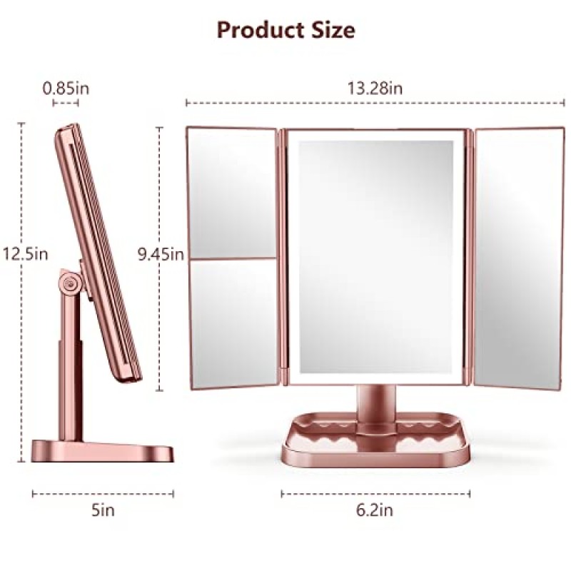 10X 확대경이 있는 화장 거울, 3가지 색상 조명, 72개의 LED 조명이 있는 화장 거울, 조명이 있는 화장 거울, 10x 3X 2X 확대, 터치 제어, 듀얼 전원 공급 장치, 그녀를 위한 선물(로즈 골드)