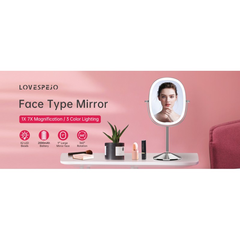 LOVESPEJO 9'조명 화장 거울(배율, 1X/7X 확대 거울, 충전식 양면 LED 타원형 화장 거울, 3색 조광 가능 화장 거울, 360°회전 화장품 거울 크롬)