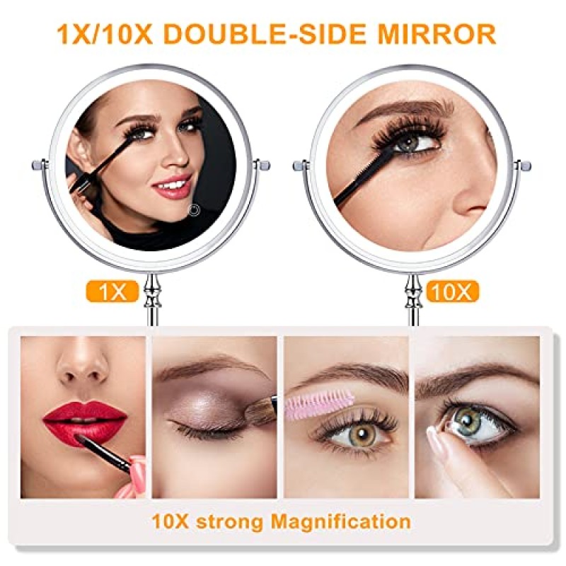 조명이 있는 UUCOLOR 화장 거울 USB 충전식 8인치 3색 조명 양면 1X/10X 확대 LED 화장 거울 터치 제어 지능형 종료 360°회전 조명 거울 크롬 마감