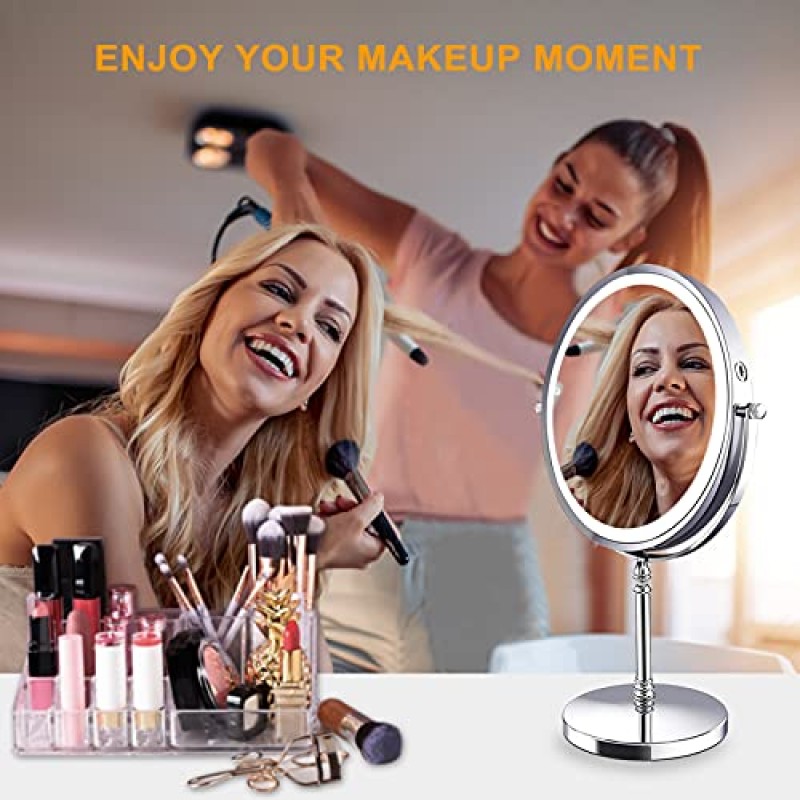 조명이 있는 UUCOLOR 화장 거울 USB 충전식 8인치 3색 조명 양면 1X/10X 확대 LED 화장 거울 터치 제어 지능형 종료 360°회전 조명 거울 크롬 마감