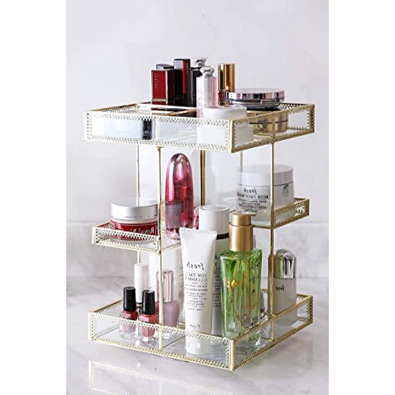 회전식 메이크업 정리함, 앤티크 유리 조리대 화장품 보관함, 4층 360 회전식 메이크업 정리함, 회전식 메이크업 정리함, 화장품 보관함 뷰티 & 청소가 쉬운 유리 디자인(골드)