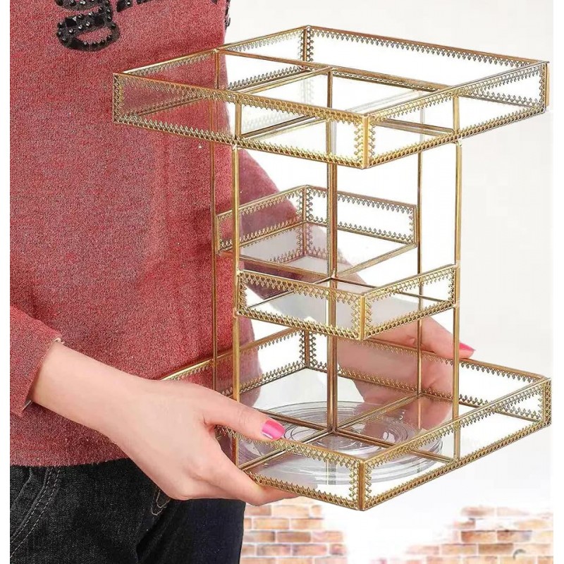 회전식 메이크업 정리함, 앤티크 유리 조리대 화장품 보관함, 4층 360 회전식 메이크업 정리함, 회전식 메이크업 정리함, 화장품 보관함 뷰티 & 청소가 쉬운 유리 디자인(골드)