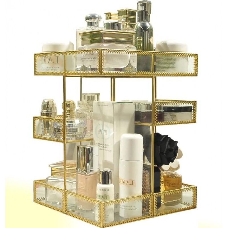 회전식 메이크업 정리함, 앤티크 유리 조리대 화장품 보관함, 4층 360 회전식 메이크업 정리함, 회전식 메이크업 정리함, 화장품 보관함 뷰티 & 청소가 쉬운 유리 디자인(골드)
