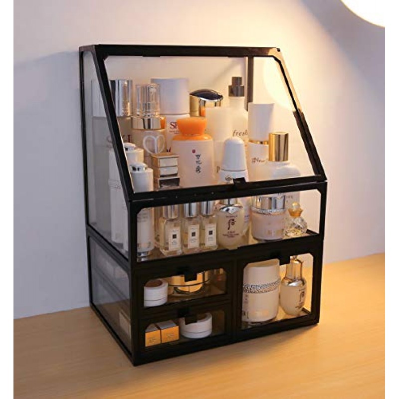 MOOCHI 블랙 빈티지 유리 화장품 메이크업 주최자 3 서랍 세트 먼지 방수 화장품 보관 디스플레이 케이스 수조 브러쉬 립스틱 쥬얼리