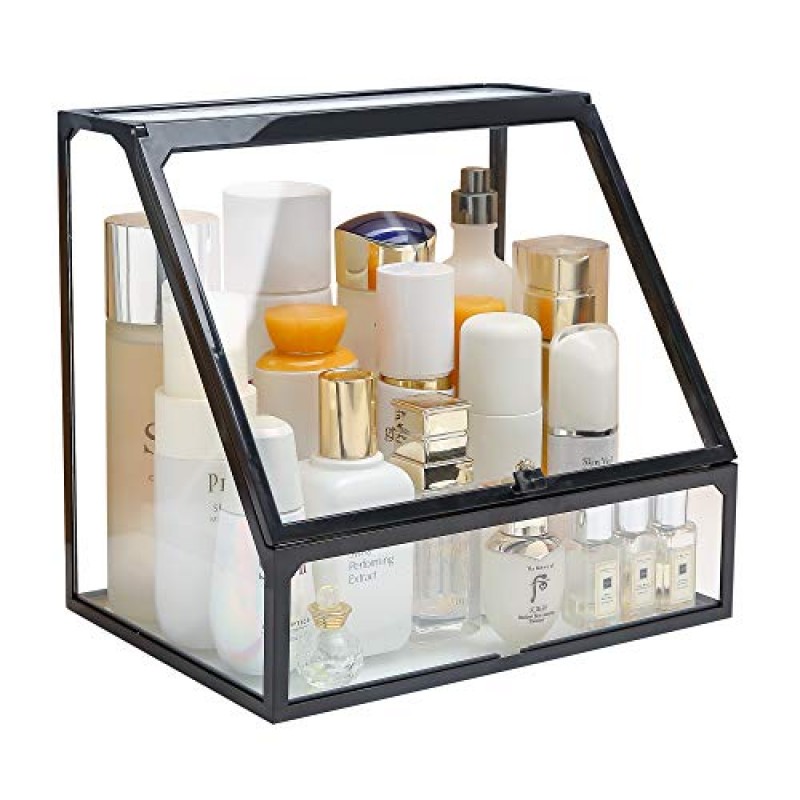 MOOCHI 블랙 빈티지 유리 화장품 메이크업 주최자 3 서랍 세트 먼지 방수 화장품 보관 디스플레이 케이스 수조 브러쉬 립스틱 쥬얼리